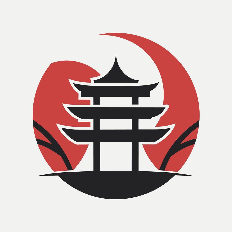 Black and red logo featuring a pagoda in the background, A minimalist logo inspired by Japanese design principles, emphasizing simplicity and balance vector