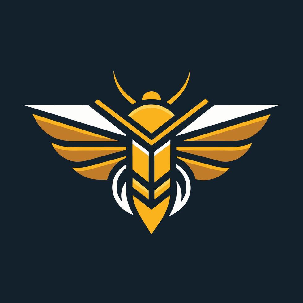 A minimalist design featuring a yellow and white bee with wings on a black backdrop, A minimalist logo incorporating bee wings in a symmetrical design vector