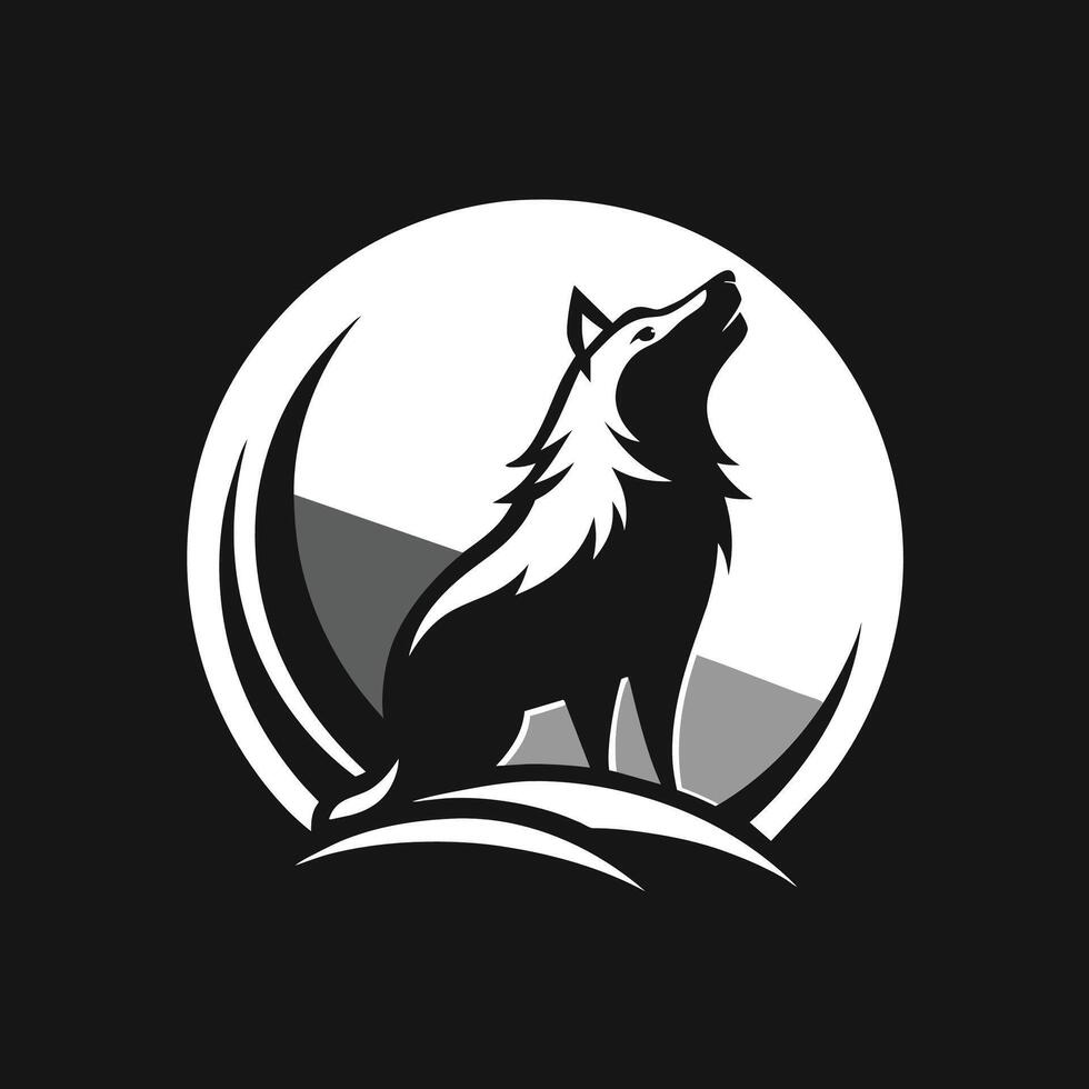 A geometric howling wolf logo displayed on a black background, A geometric representation of a howling wolf in a monochromatic color scheme vector