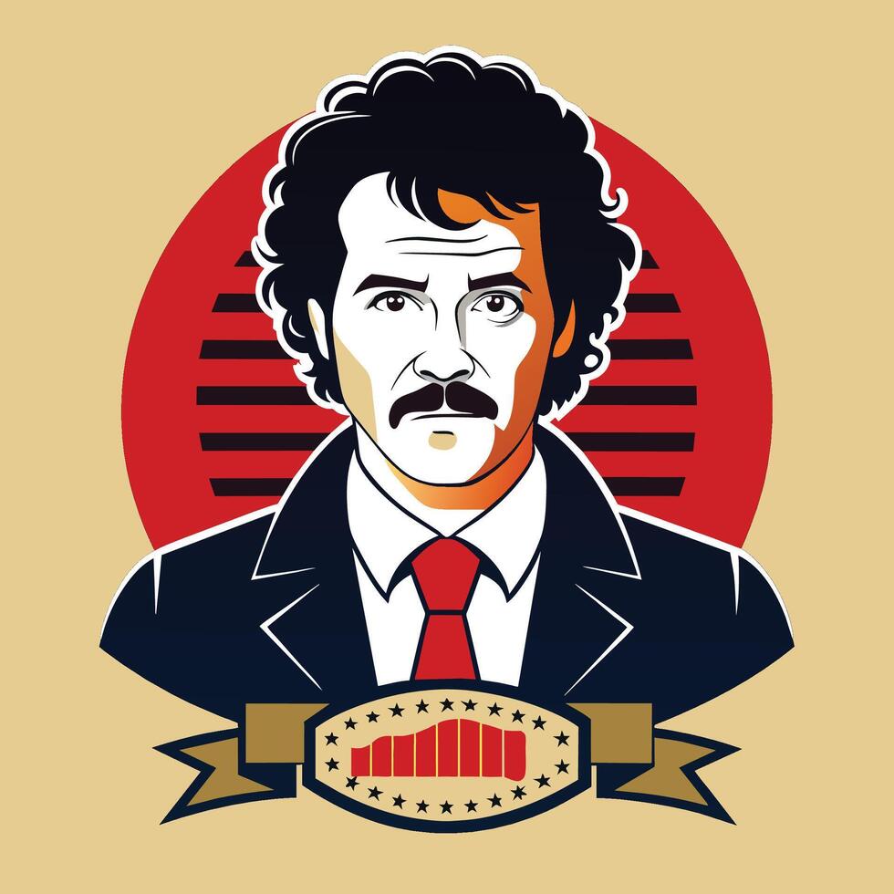 A man wearing a suit and tie with a mustache, A minimalist logo incorporating iconic movie quotes, minimalist simple modern logo design vector