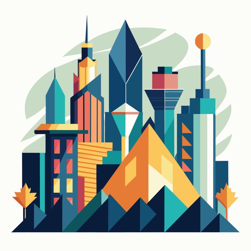 City skyline with mountains and trees in the background, Abstract interpretation of a city skyline with geometric shapes vector