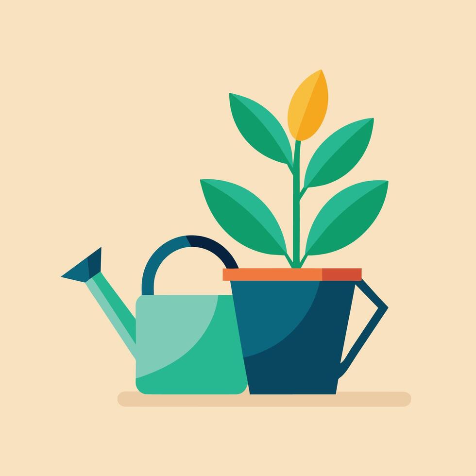 A watering can with a plant in it on a white background, A minimalist illustration of a watering can and potted plant vector