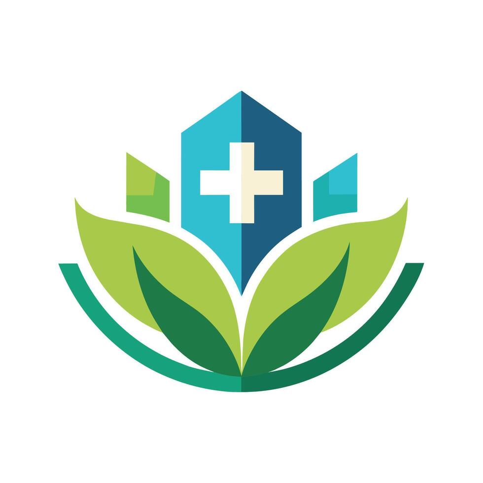 un azul y verde casa presentando un prominente cruzar en arriba, un limpiar y minimalista diseño para un hospital logo con un atención en bienestar vector