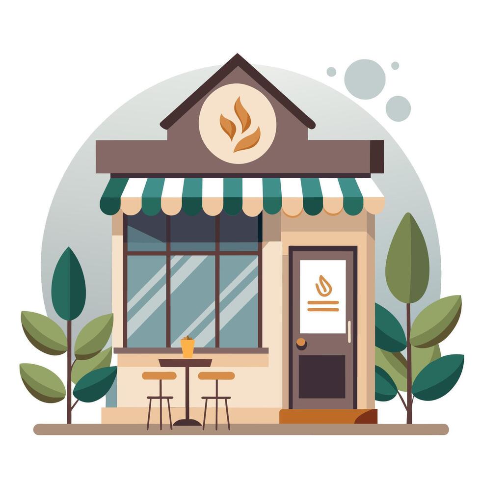 un café tienda con un verde y blanco toldo, un acogedor café con un pulcro, minimalista logo y un acogedor atmósfera vector