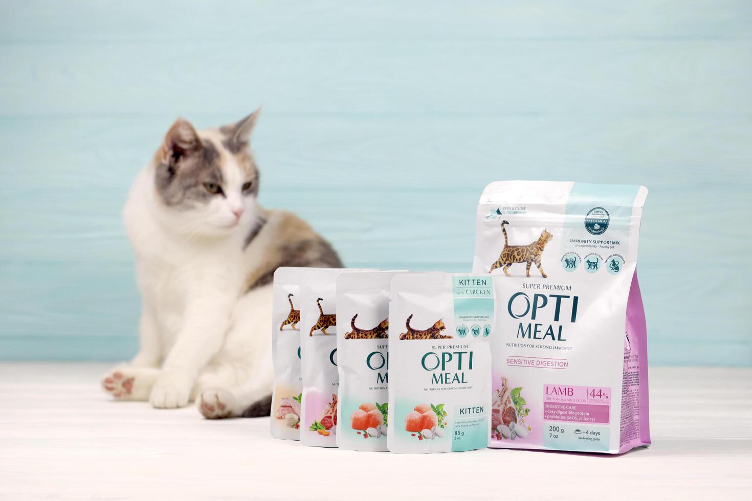 KHARKIV, UKRAINE - JANUARY 2, 2021 Optimeal cat meal packs. Optimeal is product by Kormotech LLC, a global family company, the largest producer of pet food in Ukraine photo