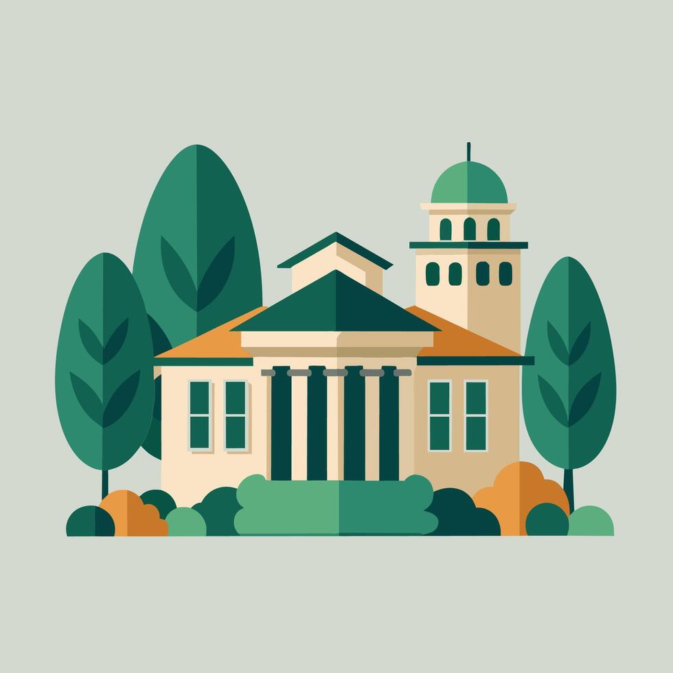 A college building standing amongst green trees and bushes on a campus, A minimalist representation of a college campus, with trees and buildings in a simple, elegant style vector