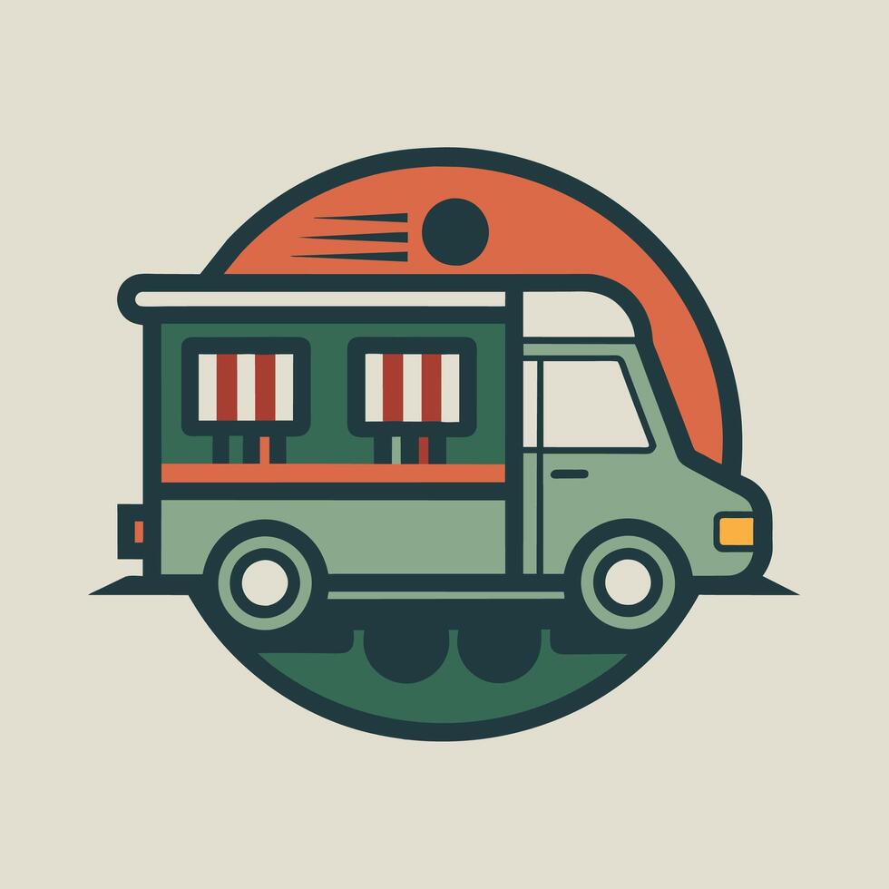 A green truck with a red roof is parked in a vacant lot, A vibrant color palette used in a minimalist gym logo design vector