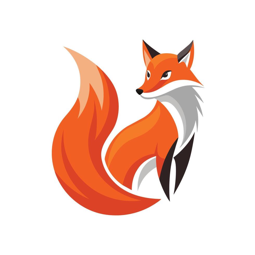 Red fox with a distinct black tail in front of a clean white background, An abstract interpretation of a fox in a minimalist logo vector