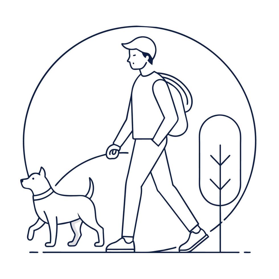 A man is leisurely strolling through the park with his dog, A minimalist outline of a person walking a dog, minimalist simple modern logo design vector