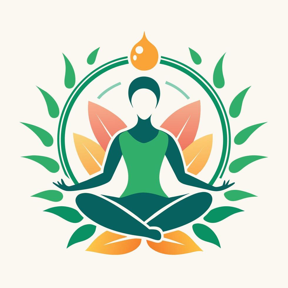A woman sits cross-legged with her feet on her thighs in a lotus position, A modern interpretation of the interconnectedness of yoga and nature vector