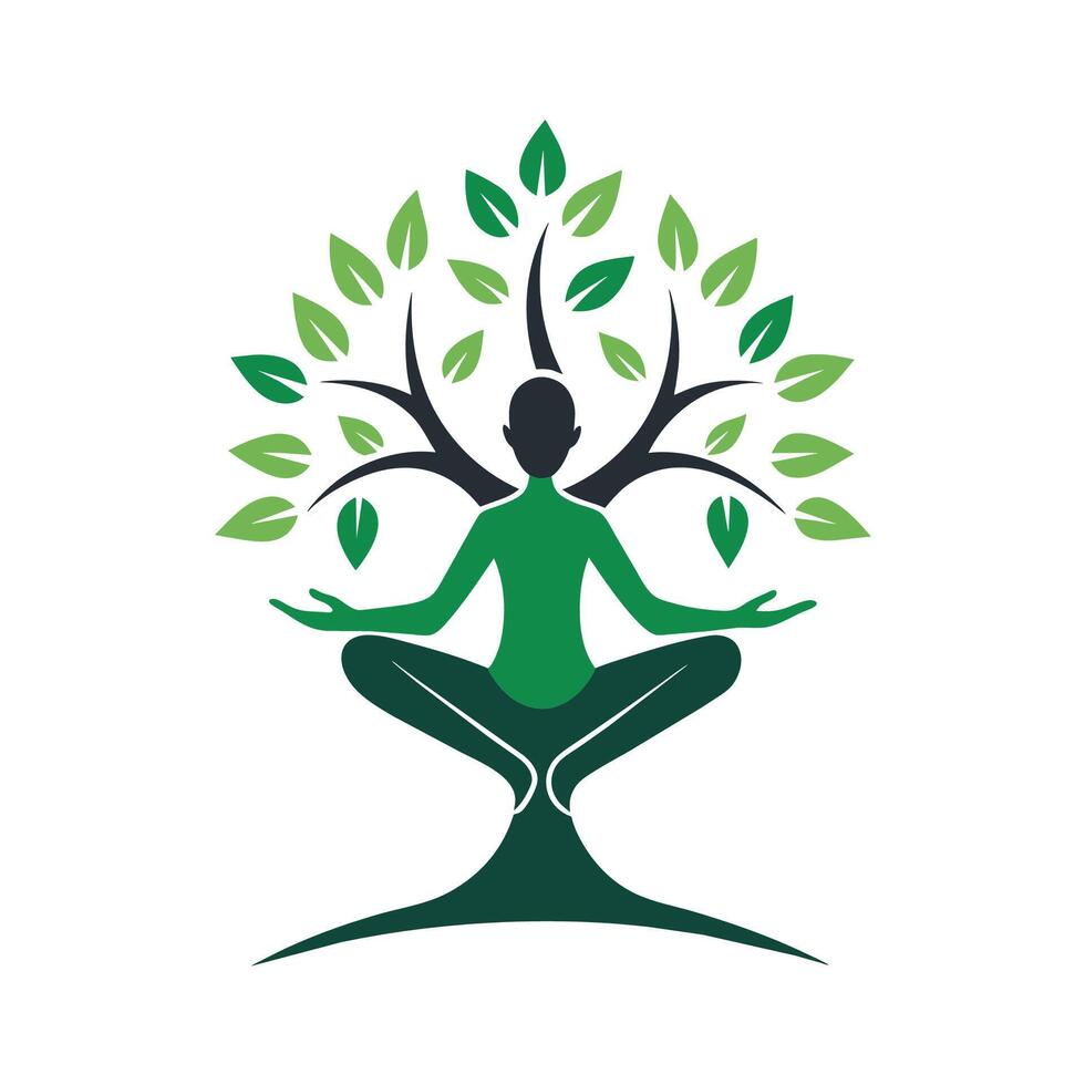 A person is seated in a yoga pose with a tree in the background, An elegant illustration of a tree pose with minimalist detailing vector