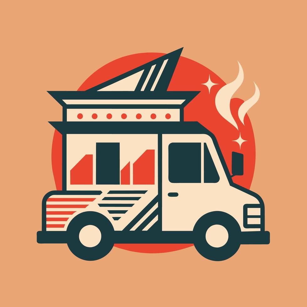 A food truck with a red circle in the background on a city street, A minimalist logo using negative space to cleverly incorporate elements of a food truck vector