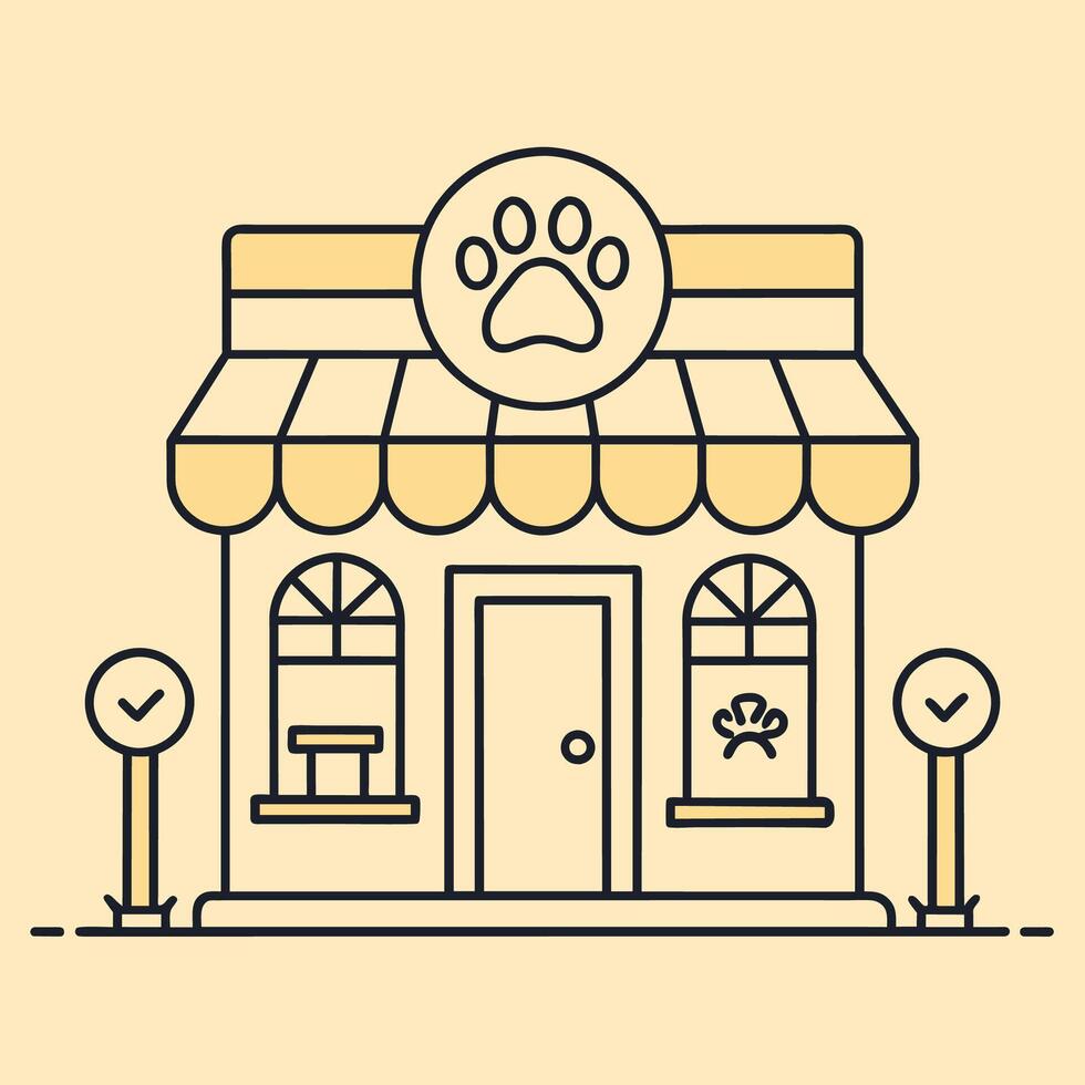 A dogs paw is seen placed on the front of a storefront, A minimalist outline of a pet store front, minimalist simple modern logo design vector