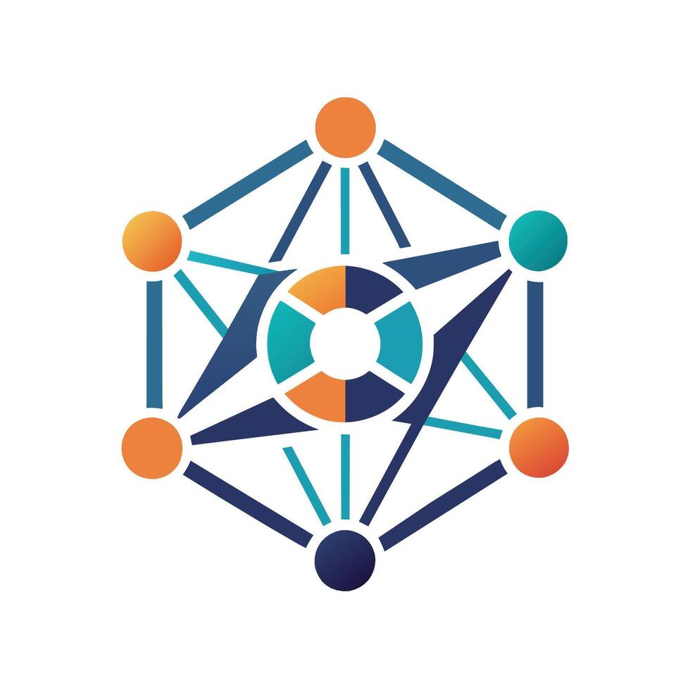 A group of individuals standing in a circle, engaging in a conversation or activity, A geometric shape representing connectivity and innovation vector