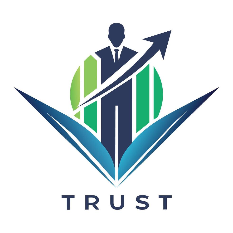 The trust logo features an arrow pointing to a man in a suit, symbolizing trustworthiness and professionalism, A modern and minimalist logo symbolizing trust and expertise in financial consulting vector