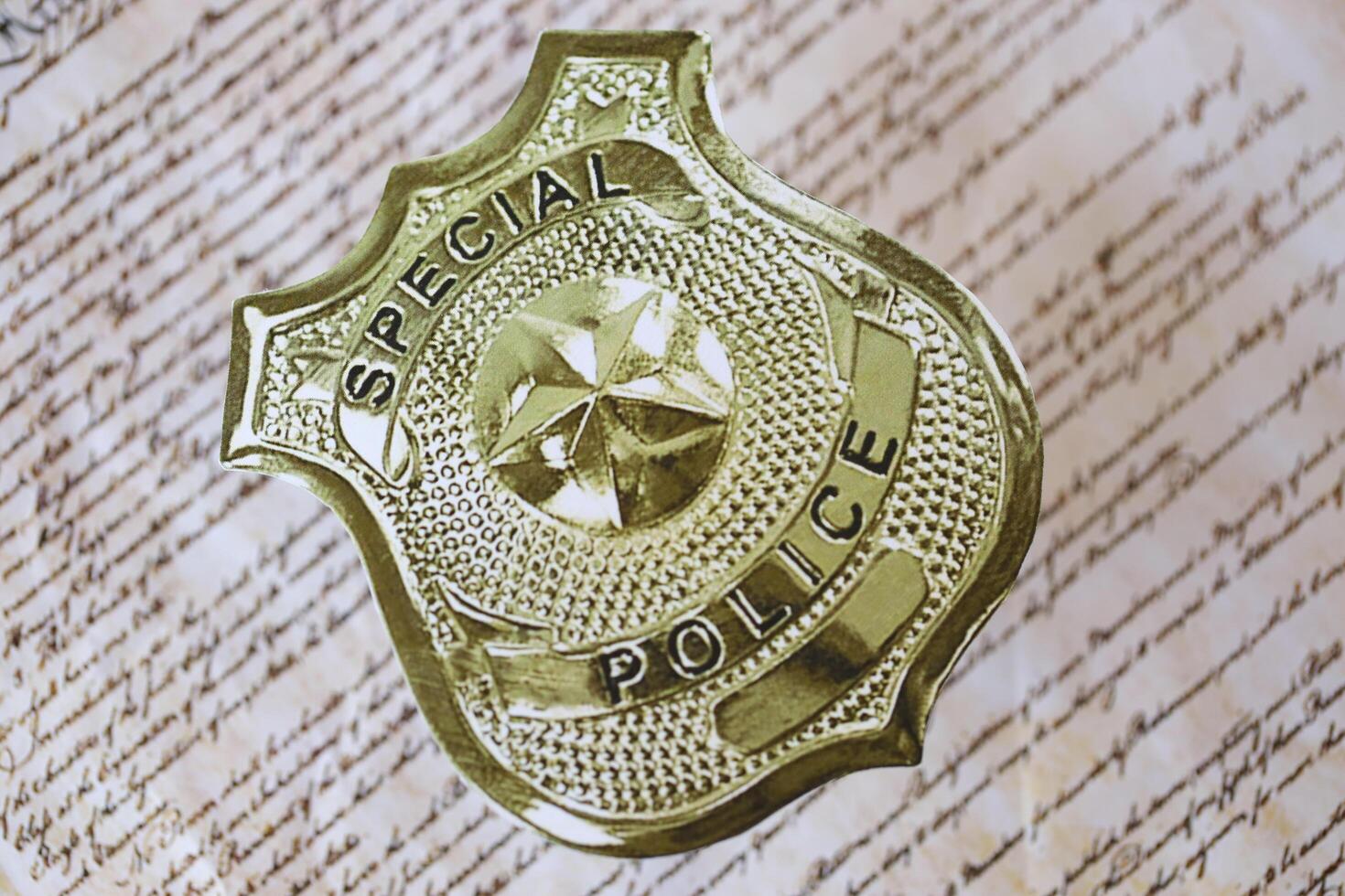 KYIV, UKRAINE - MARCH 9, 2024 US Special Police badge on United States Constitution photo