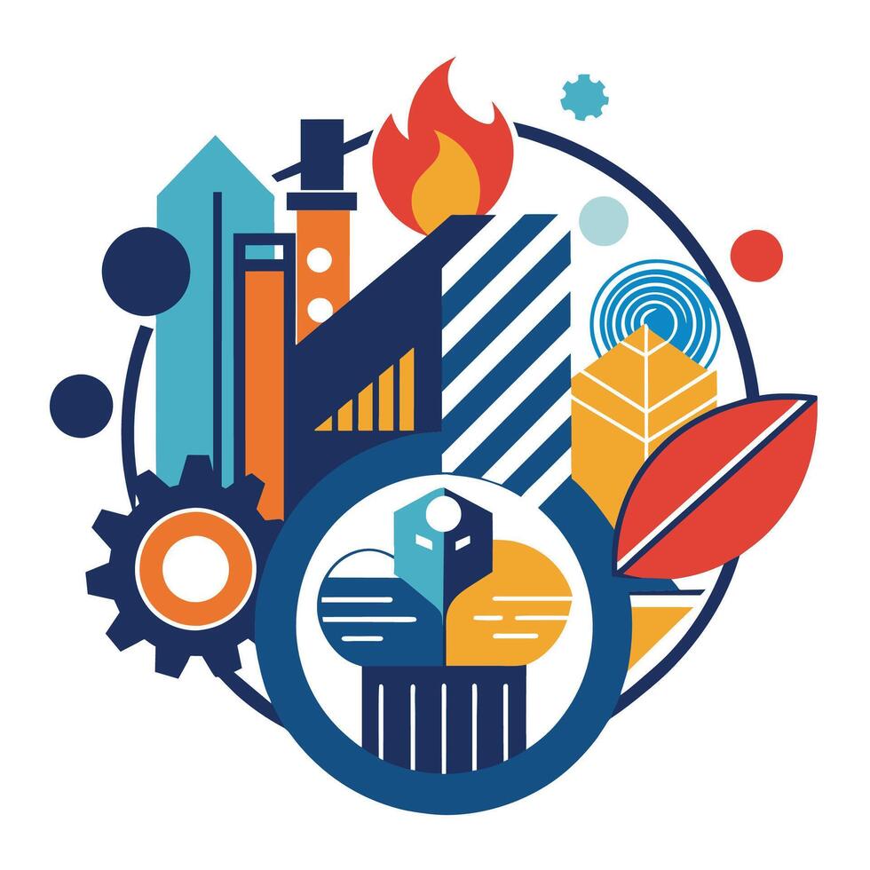 A dynamic logo incorporating a variety of elements symbolizing diversity and innovation in a company, An abstract composition symbolizing efficiency and innovation in manufacturing vector