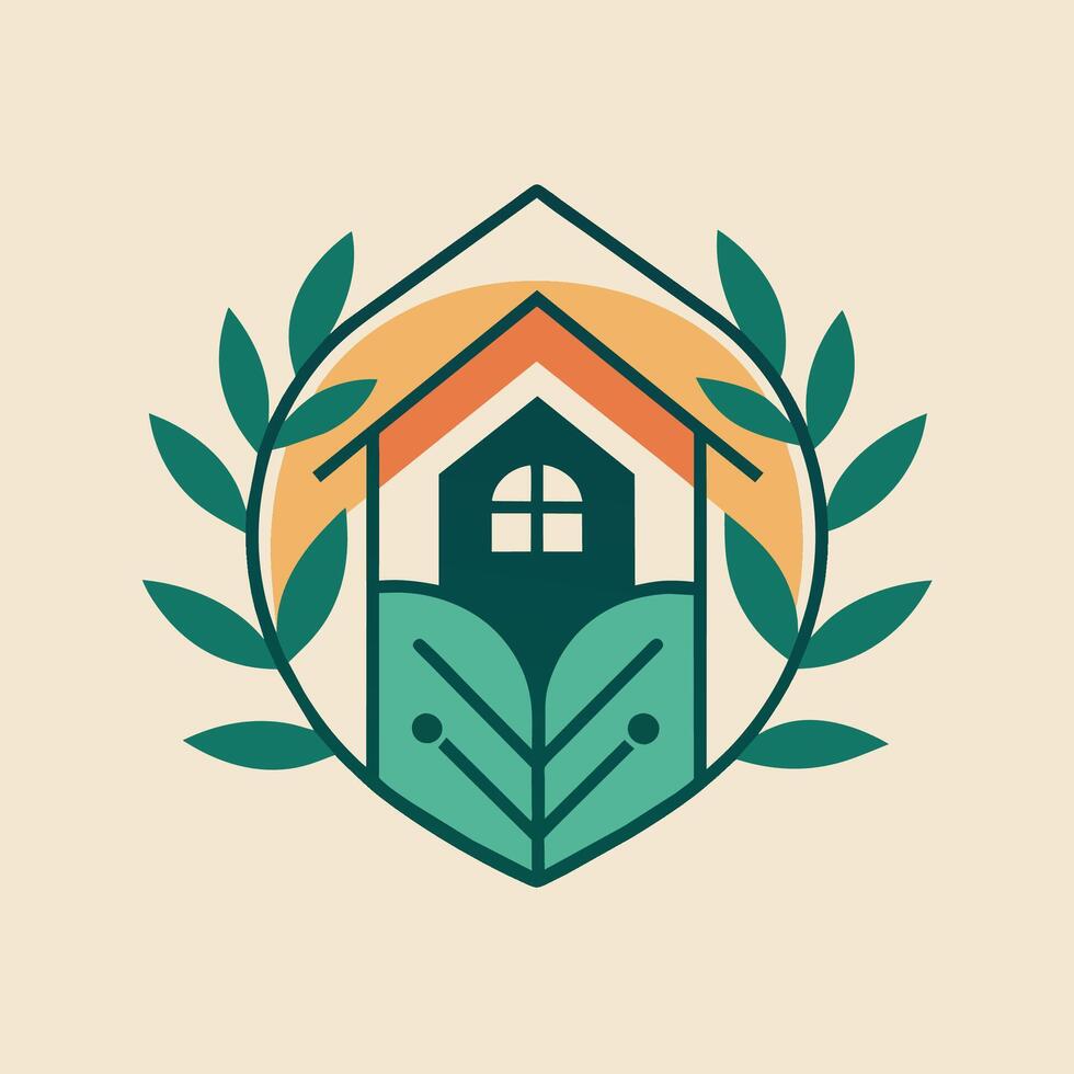 A house enclosed by a ring of leaves with another house in the center, A minimalist emblem capturing the essence of home and garden aesthetics vector