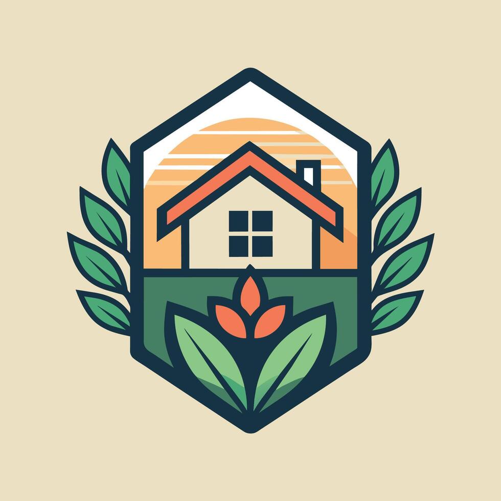 A house is surrounded by leaves with another house visible in the background, A minimalist emblem capturing the essence of home and garden aesthetics vector