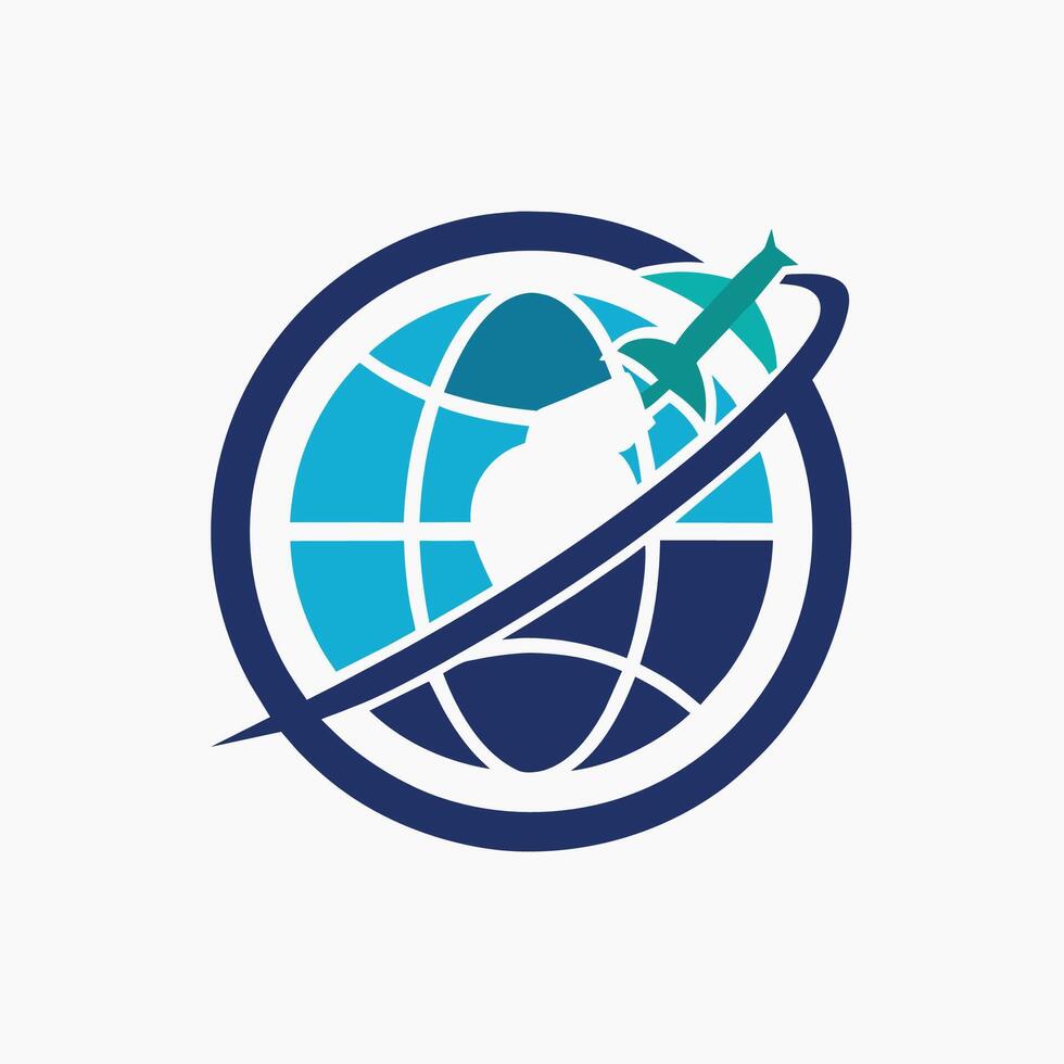 An airplane in flight circles around the Earth, showcasing global travel and exploration, A minimalist logo depicting a satellite orbiting Earth for a global news channel vector