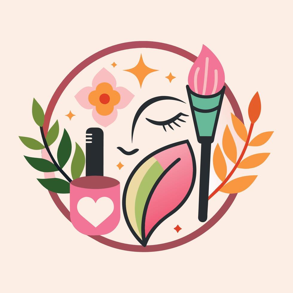 un minimalista logo presentando un mujeres cara y varios maquillaje productos, un minimalista logo para un juguetón maquillaje marca presentando un caprichoso, dibujado a mano ilustración vector