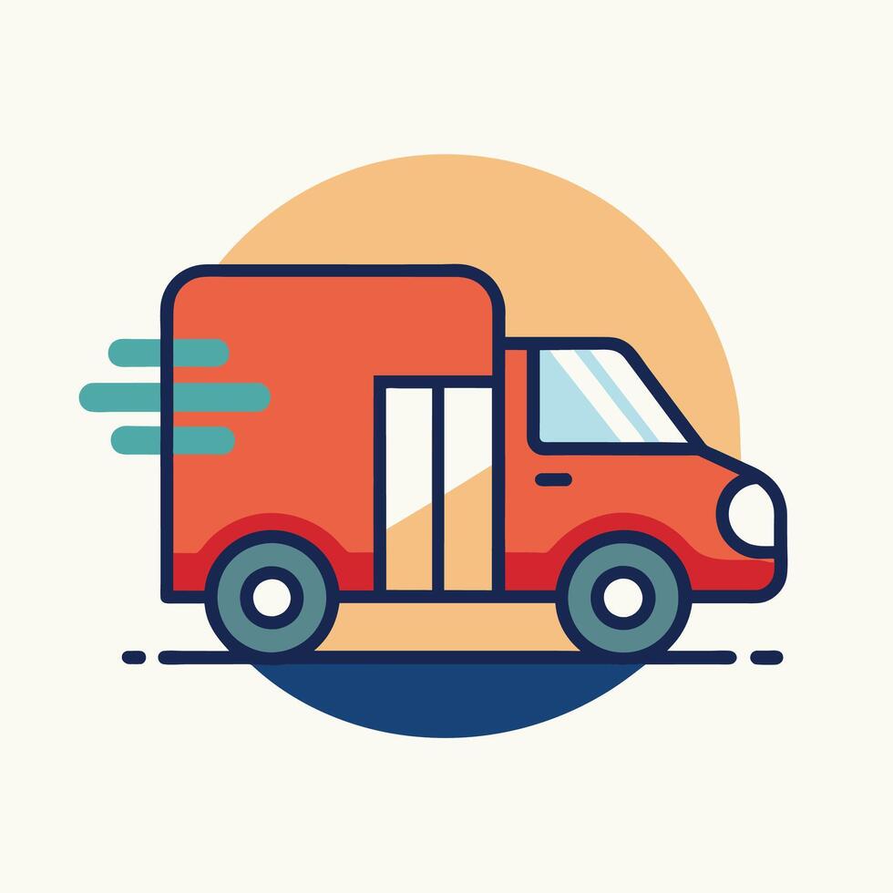 A red delivery truck with a yellow circle in the background, A minimalistic representation of a delivery truck in a contemporary style vector
