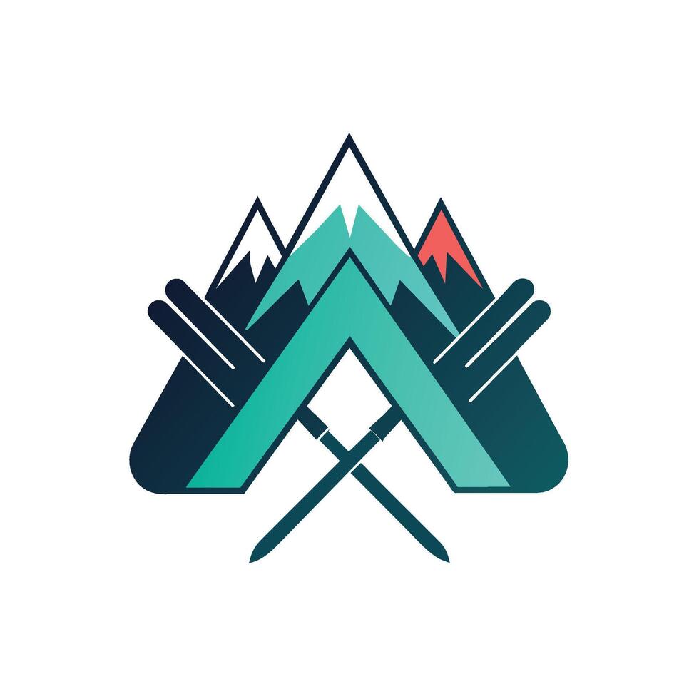 Logo of two hands holding a mountain, symbolizing strength and support, A simple design showcasing a pair of skis on a snowy slope vector