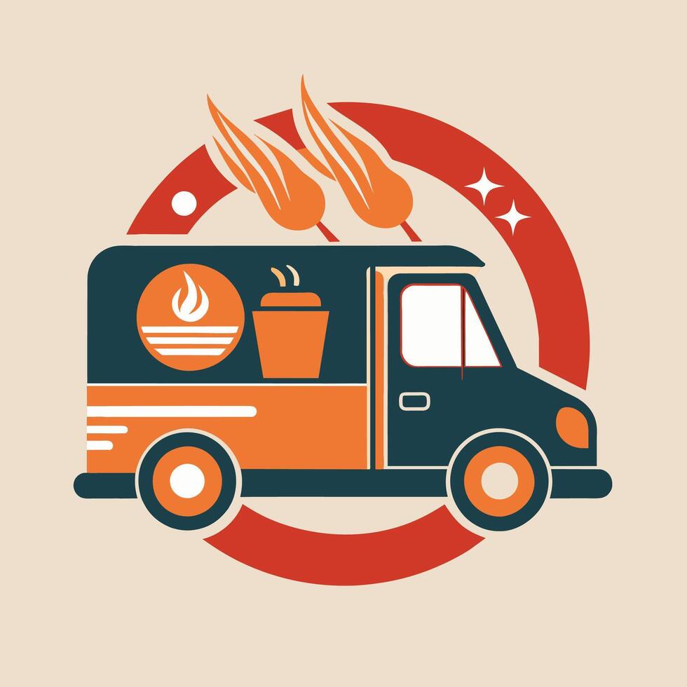 A food truck displaying a hot dog on its roof, A minimalist logo featuring a stylized factory silhouette vector