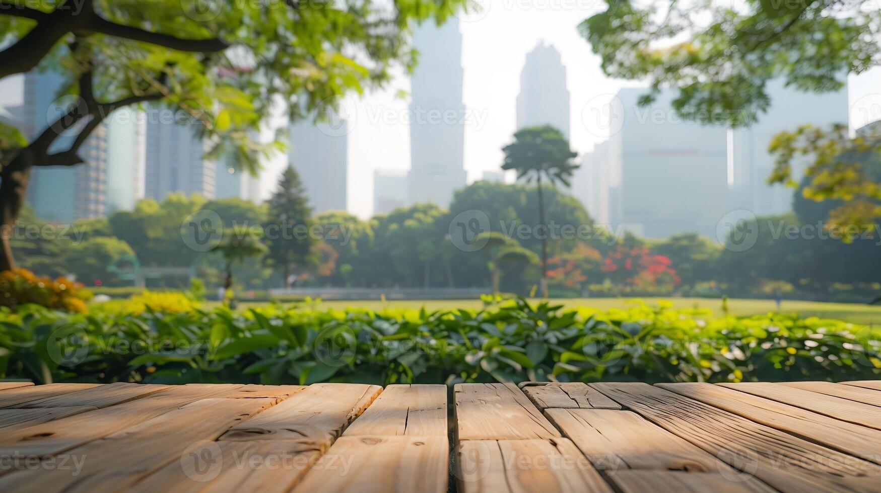 Empty wooden table with blurred city park on background, photo