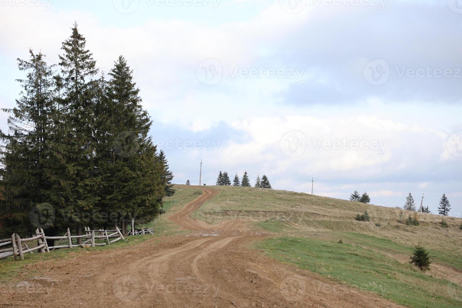 Countryside in mountains at sunrise. Grassy rural slopes with fields and trees in fall foliage in autumn photo