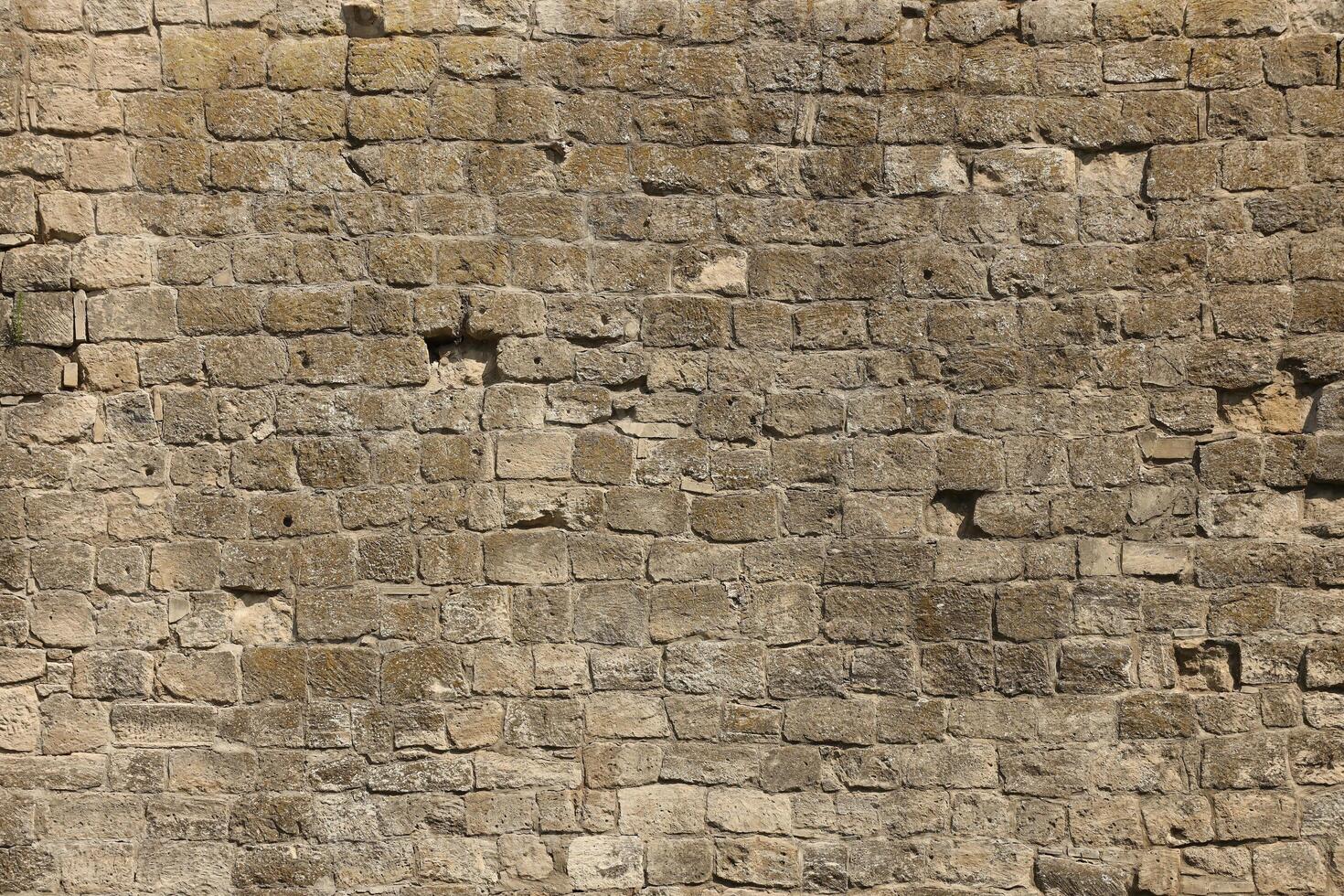 Very old brick stone wall of castle or fortress of 18th century. Full frame wall with obsolete dirty and cracked bricks photo