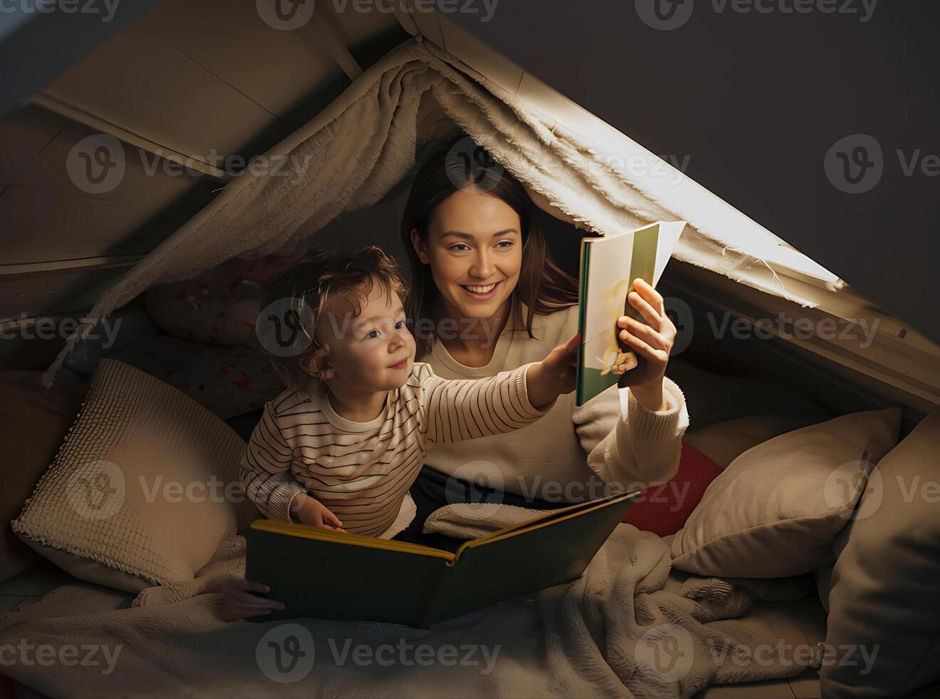 mother and child are playing under a blanket photo