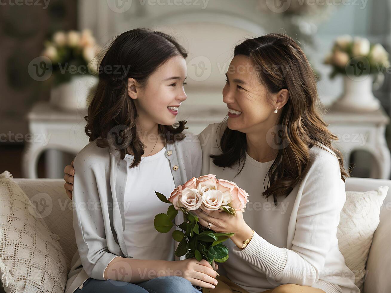 de la madre día un madre y hija son mirando a cada otro con flores foto