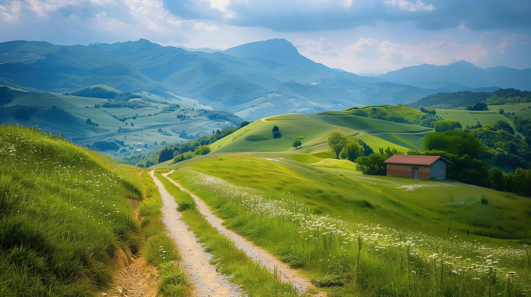 peaceful countryside, surrounded by green hills and mountains photo