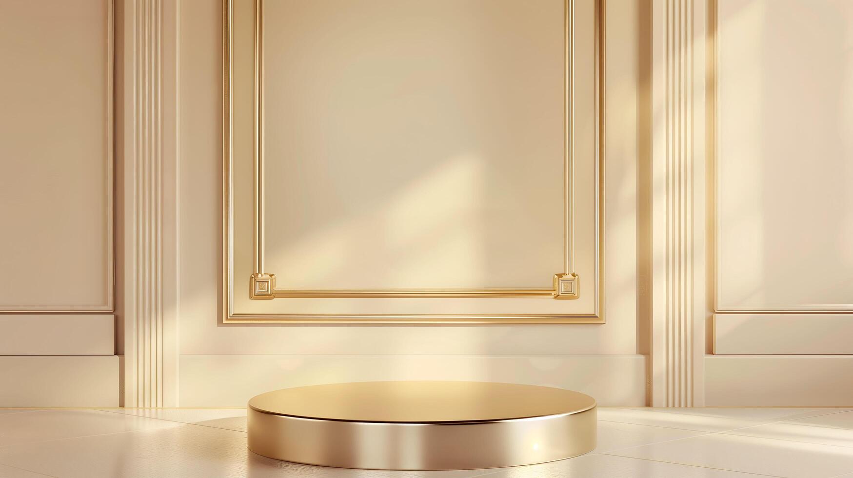 luxury empty podium for product presentation in bright and shiny gold with pastel elegance photo