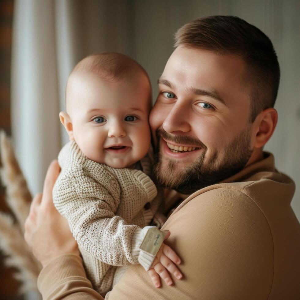 Father holding baby with warm and loving expression suitable for family-oriented content photo