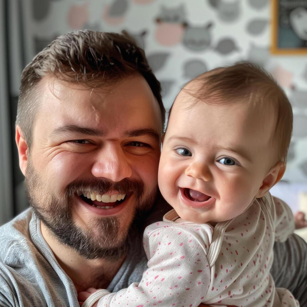 Happy father and baby daughter smiling together photo