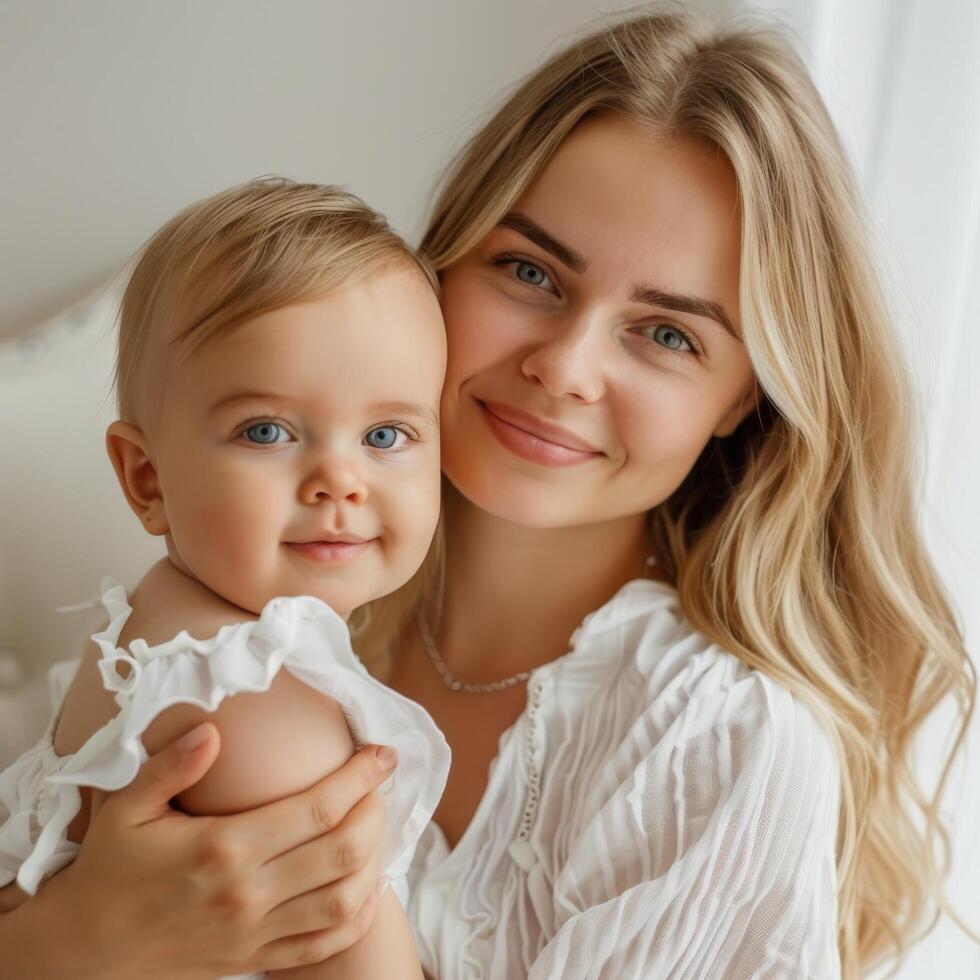 Mother holding young child in a tender family moment photo