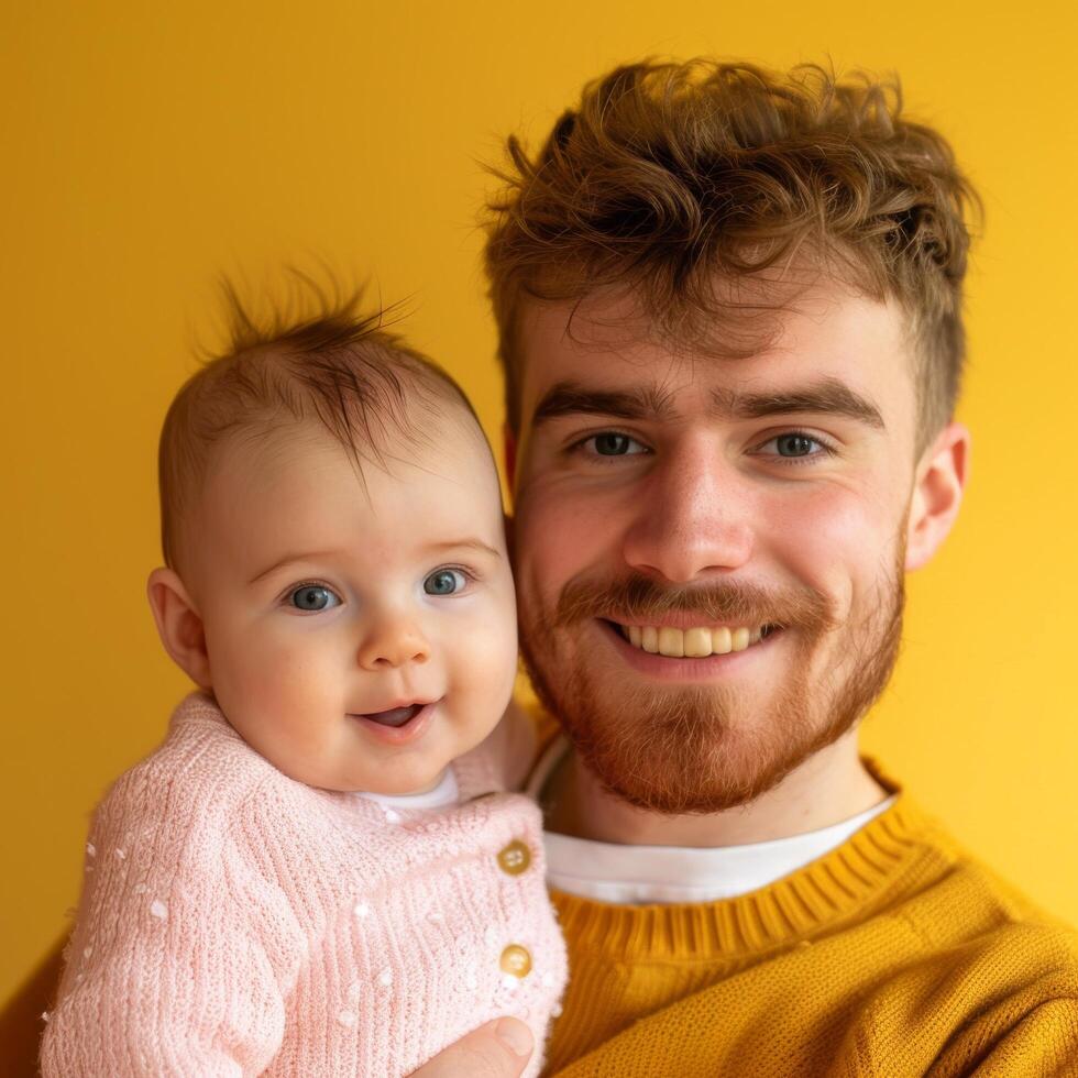 Portrait of a Smiling Young Father Holding an Infant Suitable for Family Services Advertising photo
