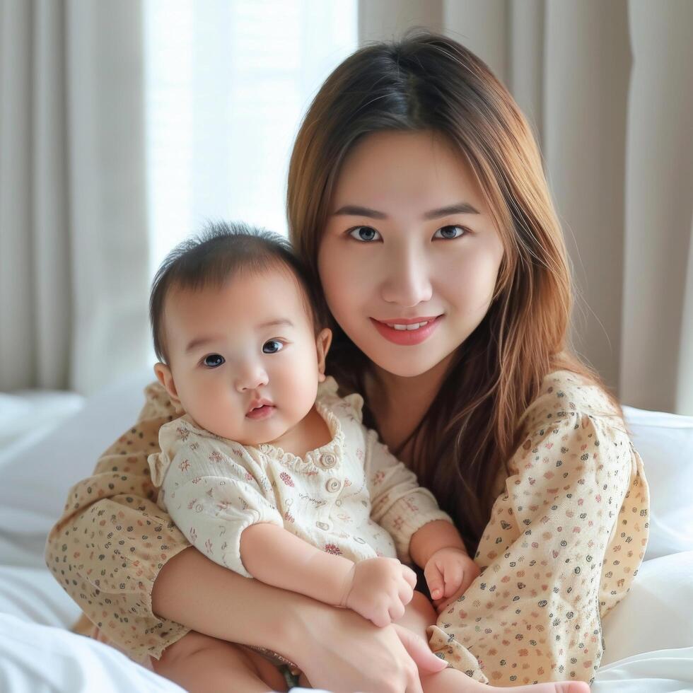 Mother with baby posing in a homely setting photo