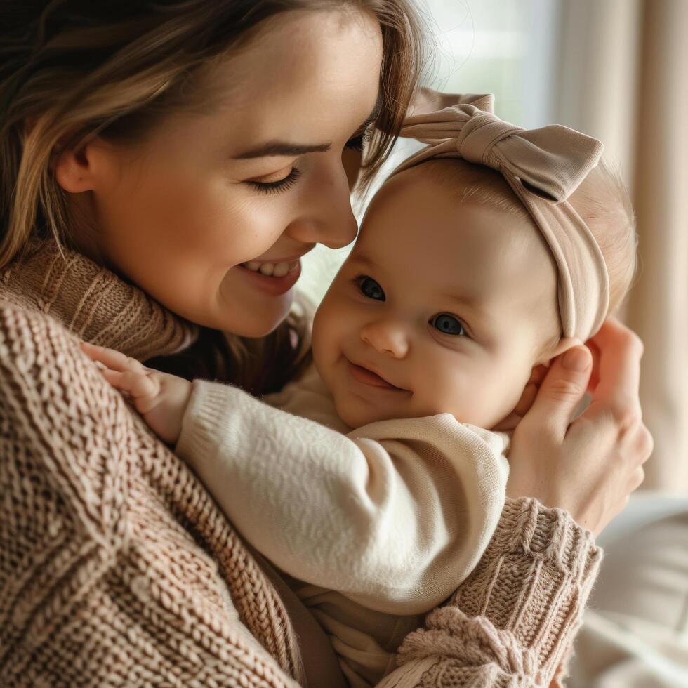 Mother embracing her baby showing joy and affection photo