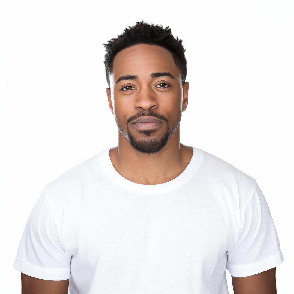 Portrait of a confident young African American man in a white t-shirt photo