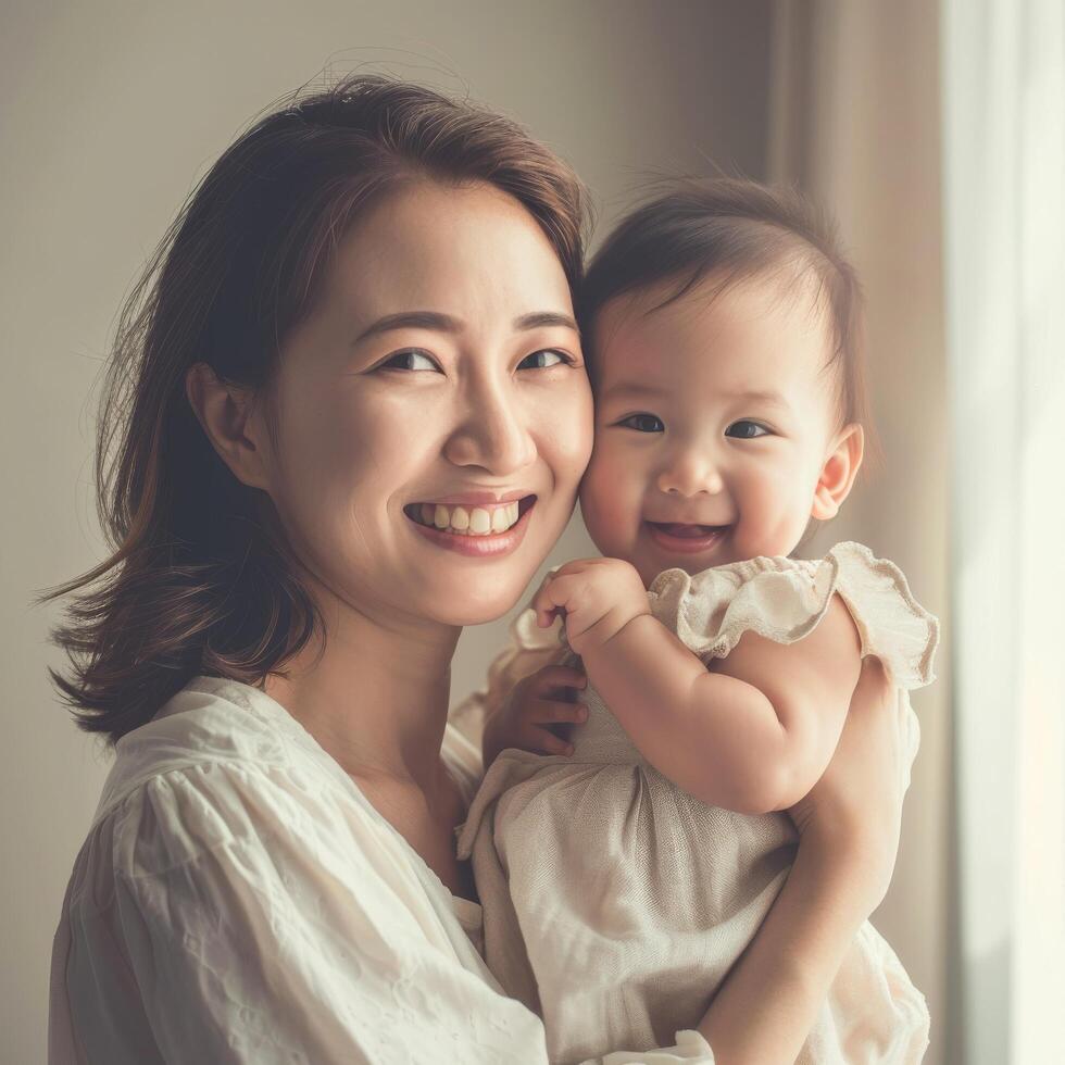 Mother holding her baby with a warm smile photo