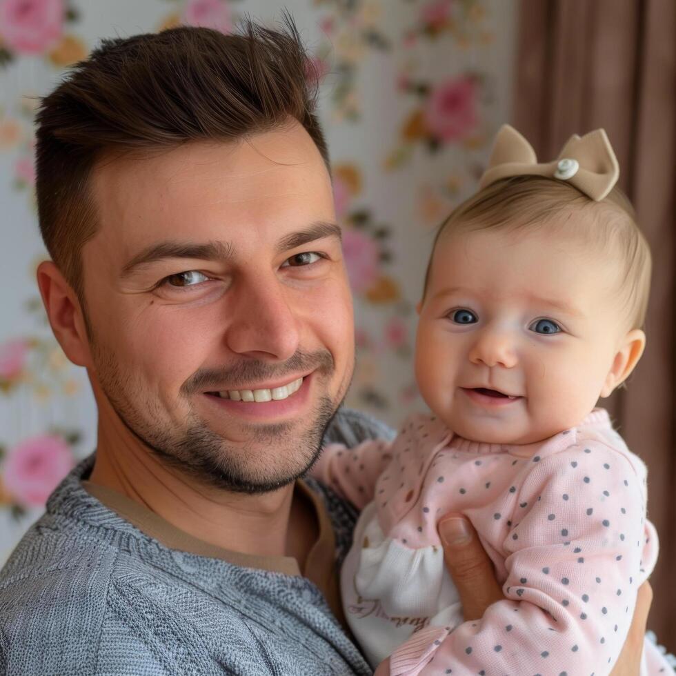 Father holding his baby daughter in a cozy home setting photo
