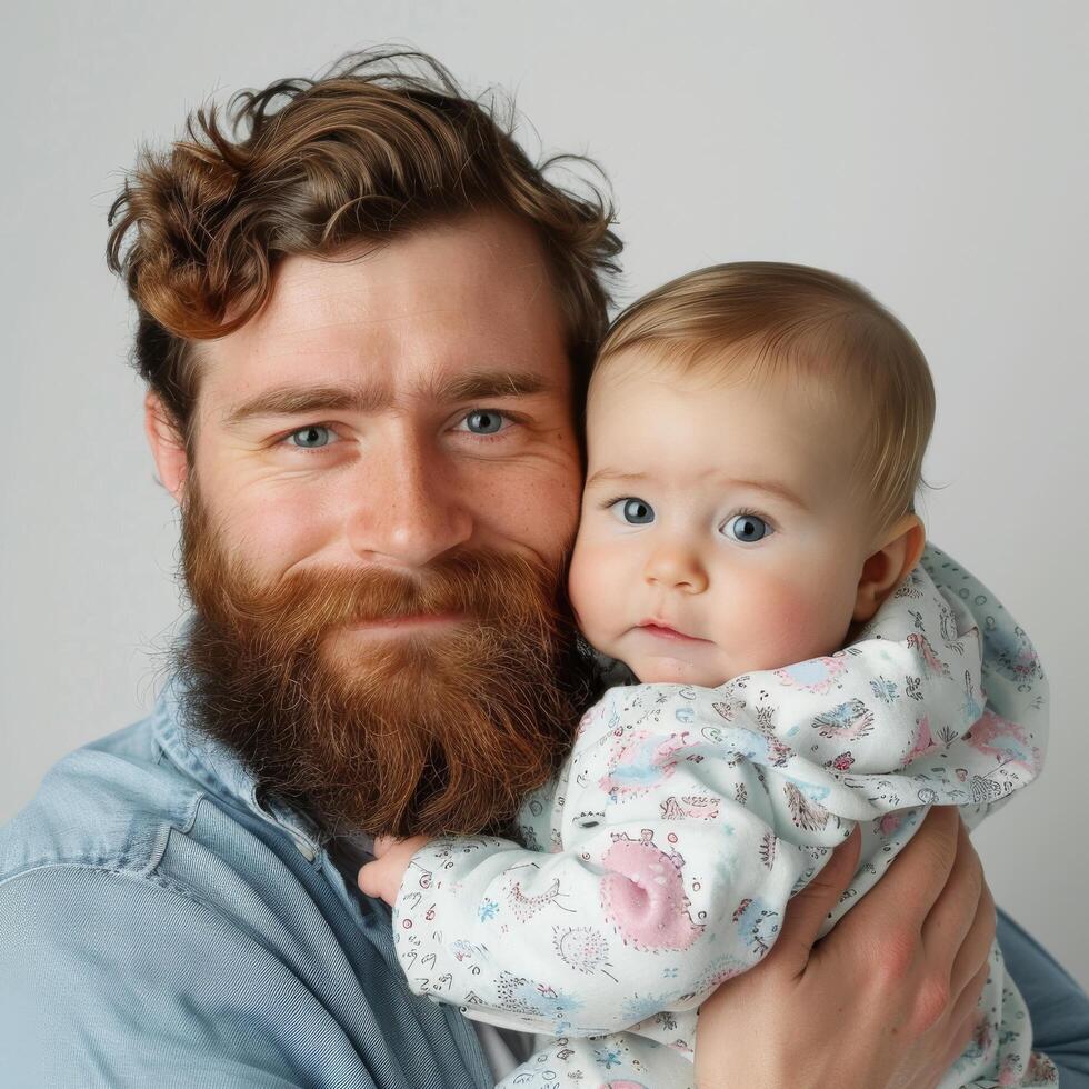 Affectionate father holding his baby child for a family portrait photo