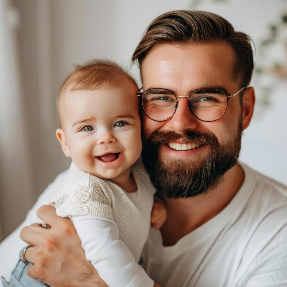 Portrait of a smiling bearded man holding a baby photo