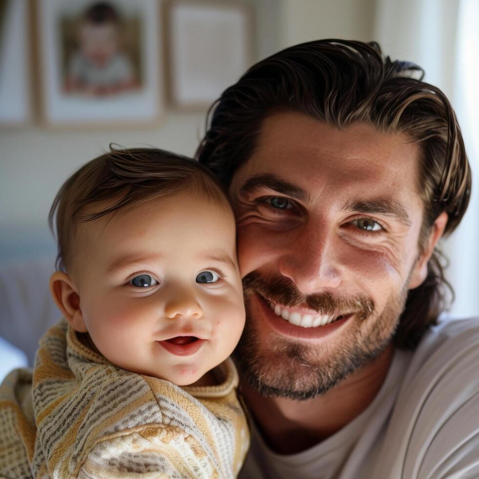 Smiling Father Holding Baby Child for Family-Focused Advertising photo