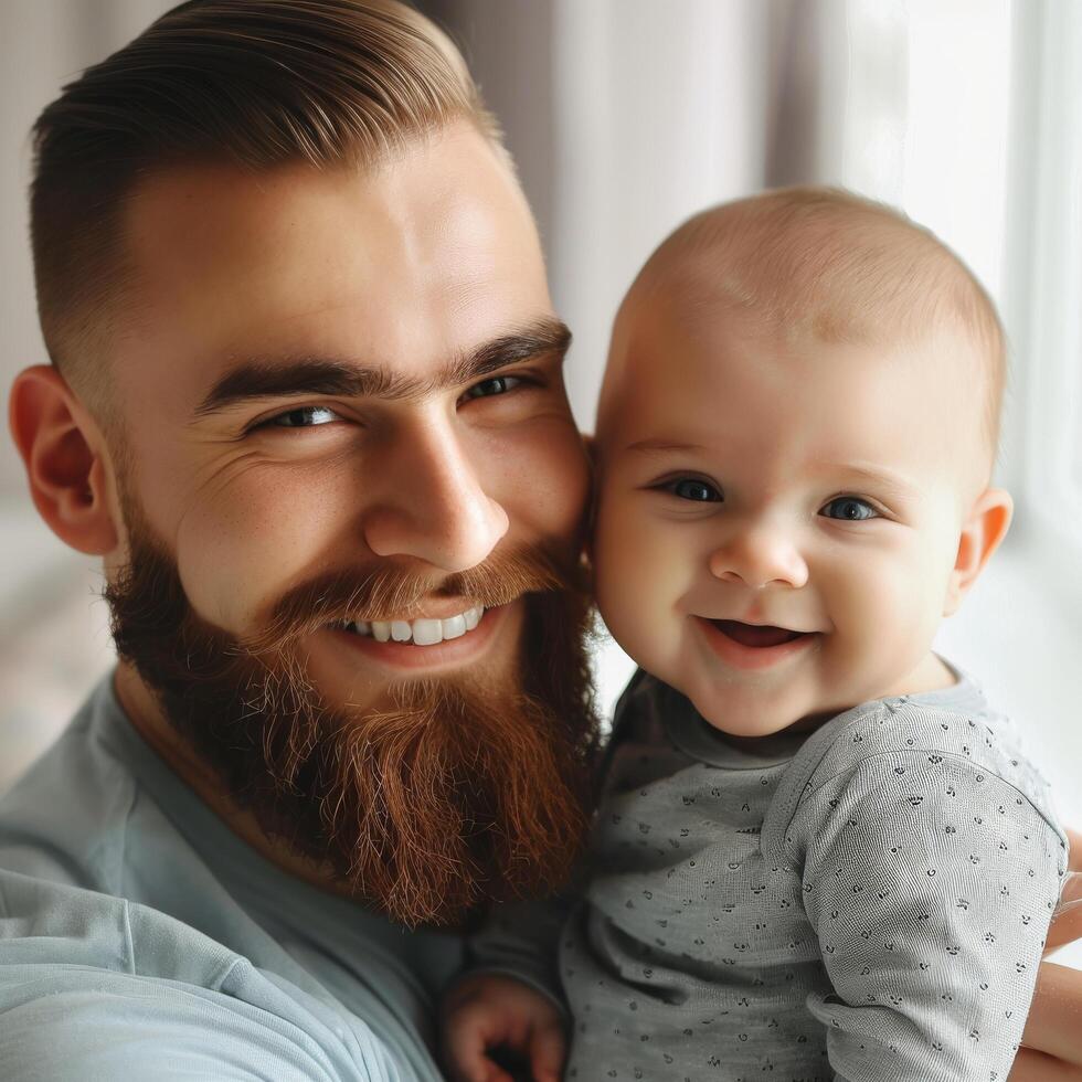 Smiling bearded man holding a baby by a window photo