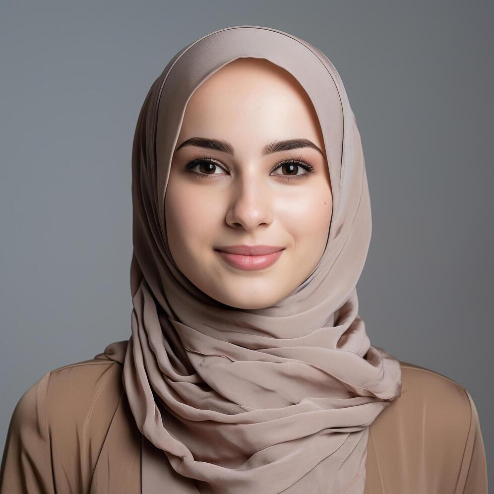 retrato de un joven mujer vistiendo un hijab con un agradable expresión foto