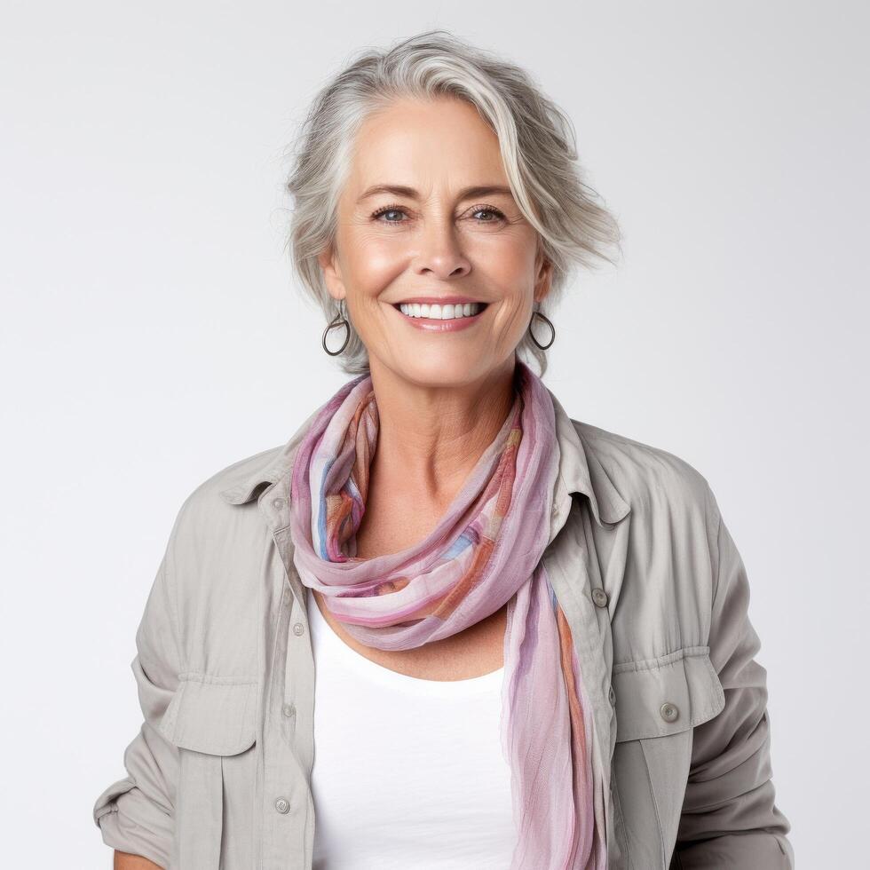 Portrait of a smiling senior woman for lifestyle and fashion branding photo